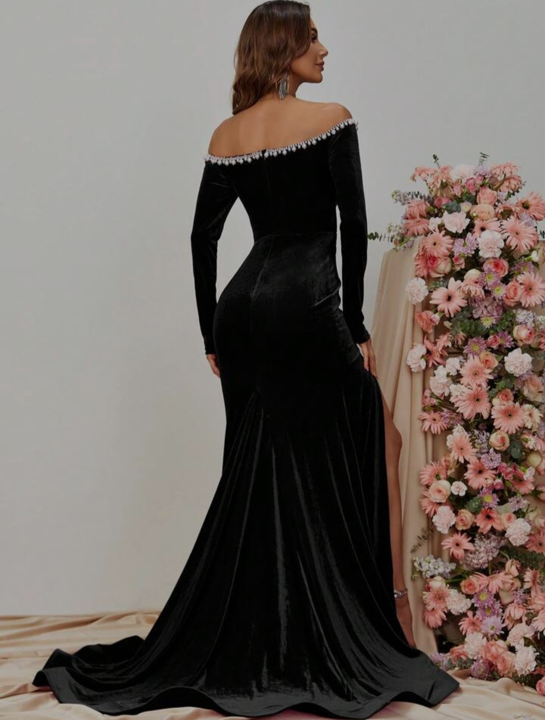 Noir Pearl Off-Shoulder Gown