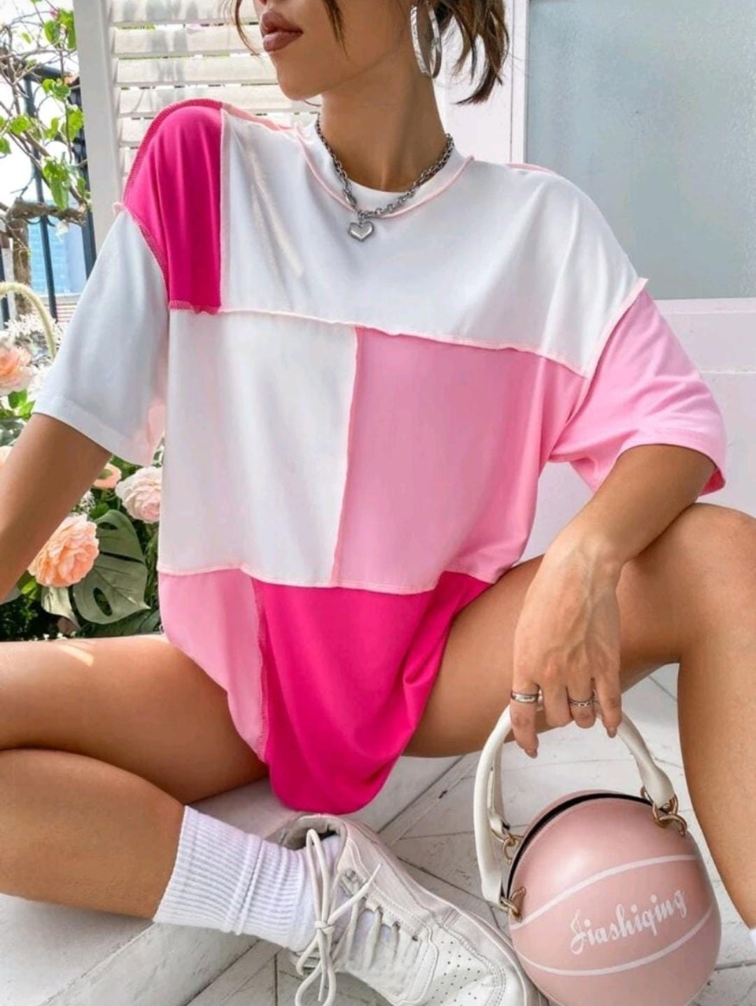 Colorblock Top Stitching Oversized Tee Graphic Tees Women Tops