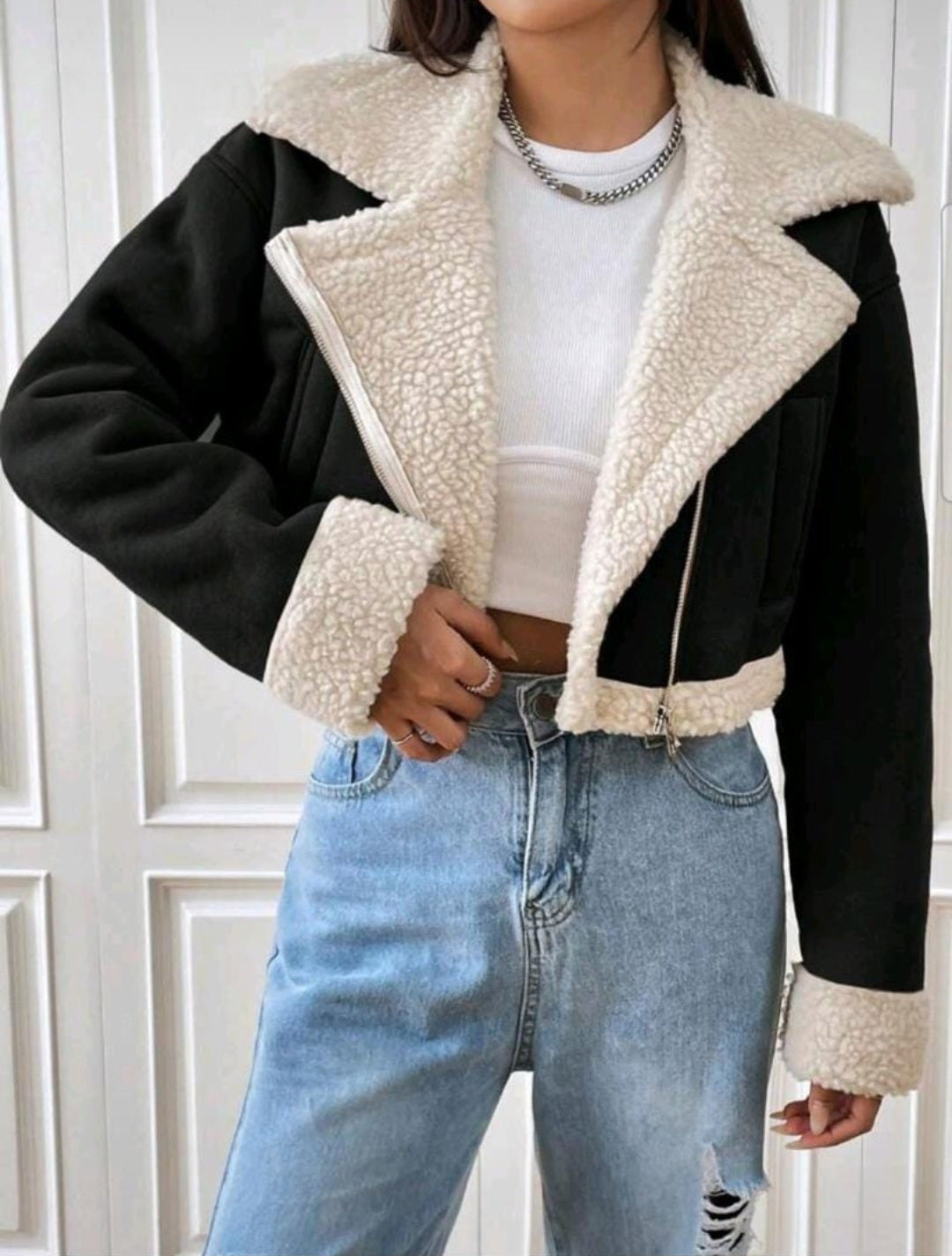 Women's Teddy Lined Zip Up Moto Jacket With Large Collar