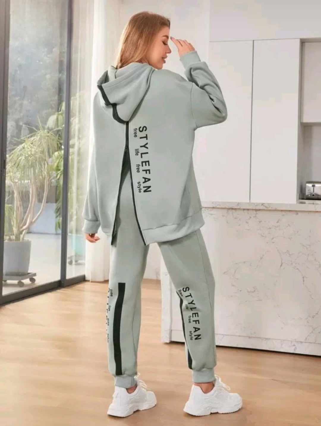 2pcs/Set Hooded Sweatshirt With Dropped Shoulder