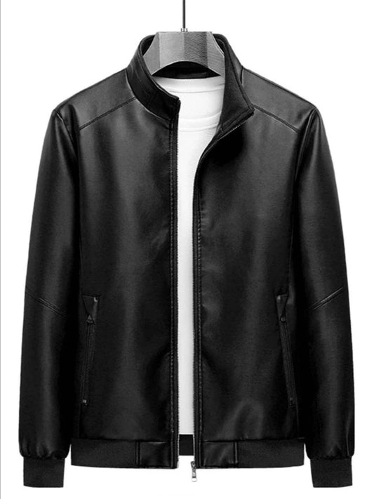 Men Solid PU Pocket Zip Up Jacket