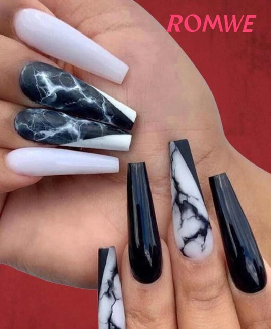 ROMWE Grunge Punk 24pcs Marble Pattern Fake Nail& 1sheet Tape