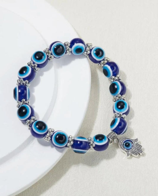 Evil Eye Detail Hamsa Hand Charm Beaded Bracelet