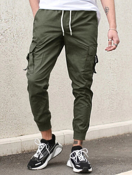 Men Contrast Tape Buckled Flap Pocket Side Drawstring Waist Pants