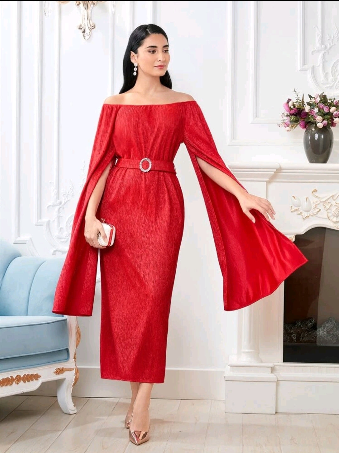 Modely Off Shoulder Split Sleeve Belted Dress