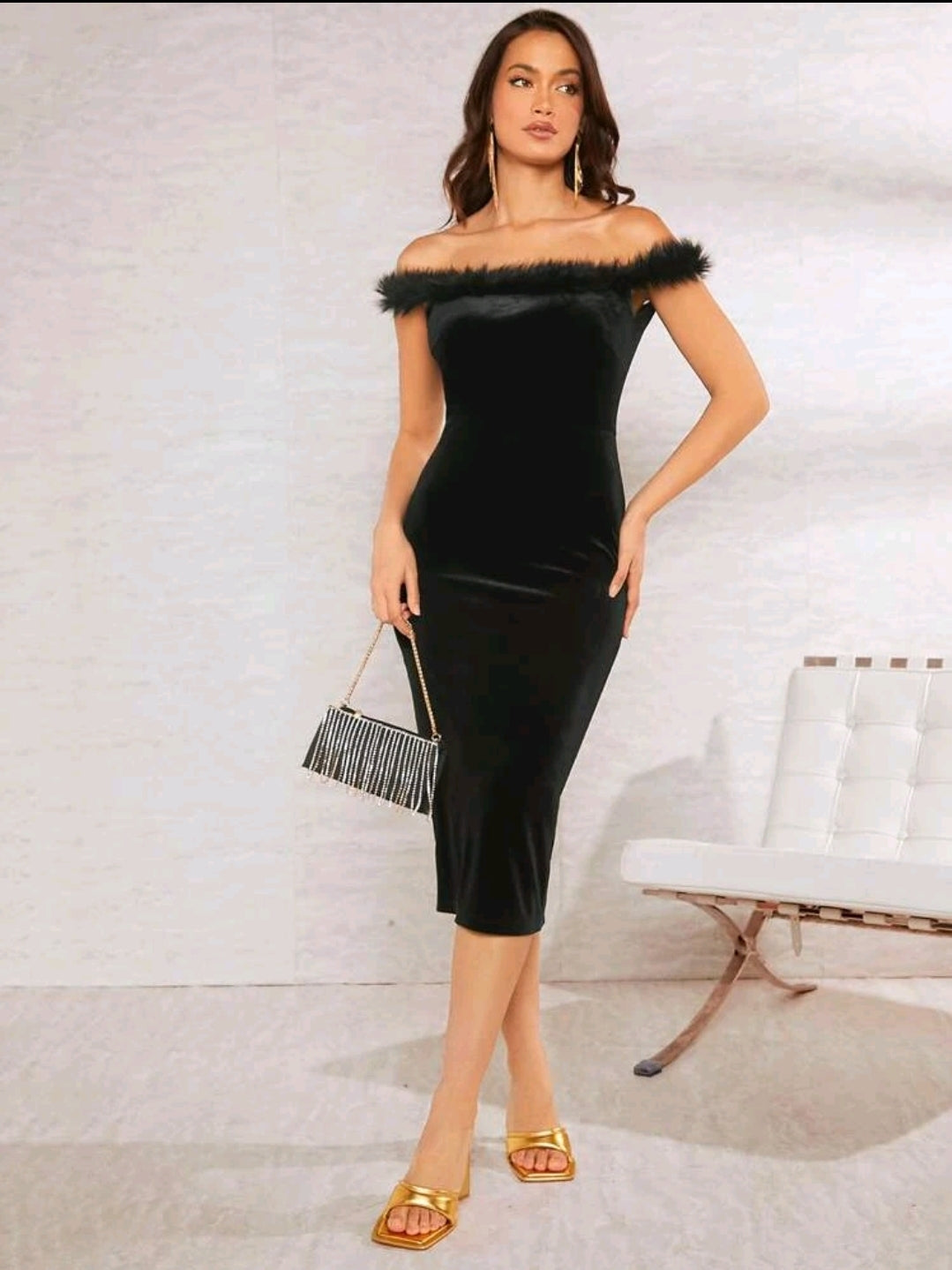 Off Shoulder Fuzzy Trim Split Back Velvet Bodycon Dress