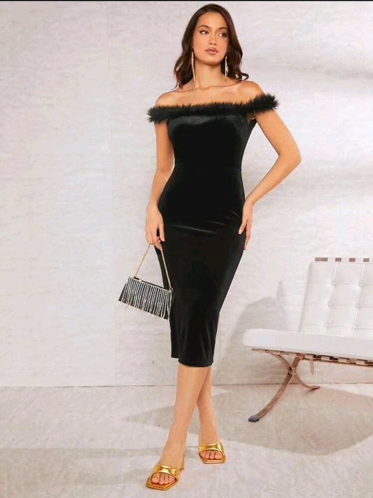Off Shoulder Fuzzy Trim Split Back Velvet Bodycon Dress