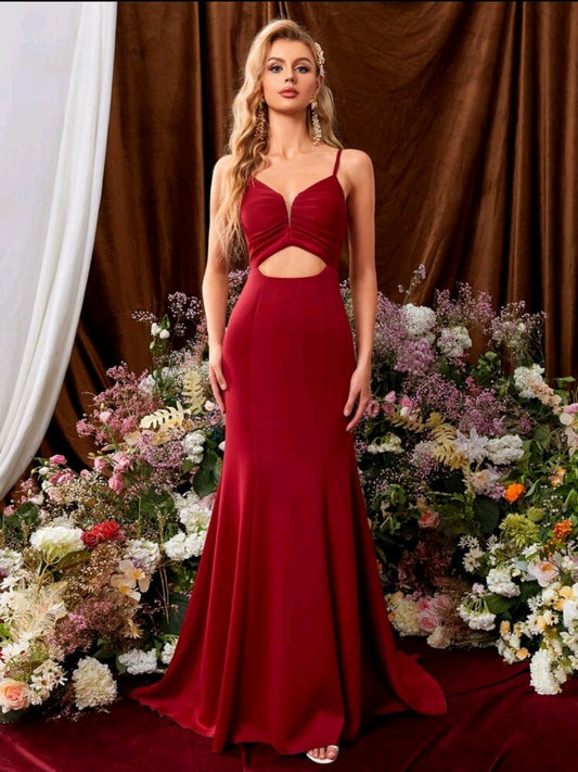 Ruched Cut Out Mesh Insert Floor Length Briesmaid Dress