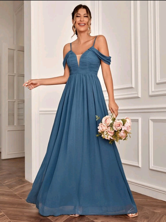 Mesh Insert Cold Shoulder Chiffon Bridesmaid Dress