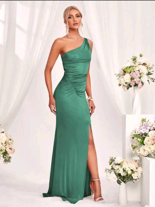 Ruched One Shoulder Backless Maxi Bridesmaid Dress