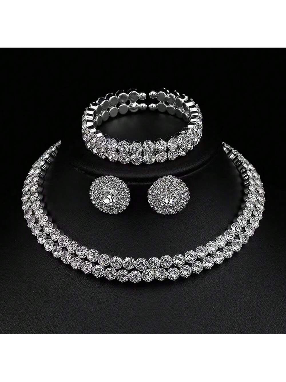 Elegant Double Row Rhinestone Necklace, Earrings And Bracelet Set