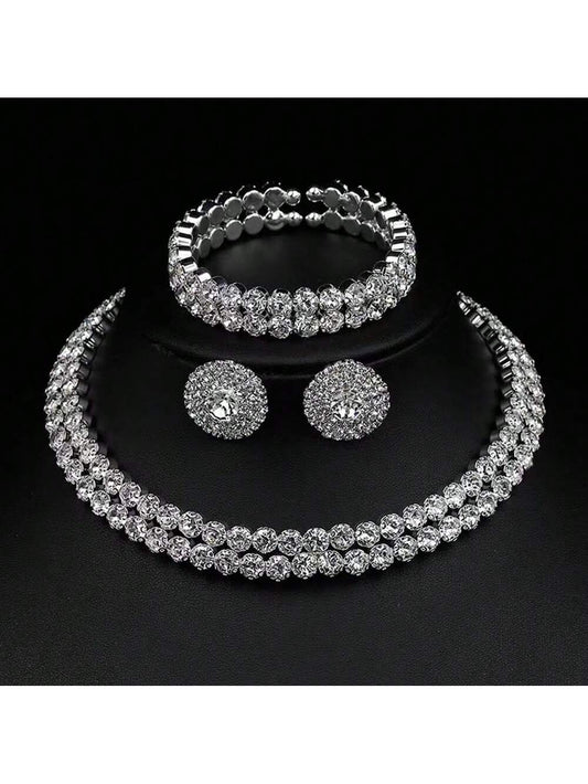 Elegant Double Row Rhinestone Necklace, Earrings And Bracelet Set