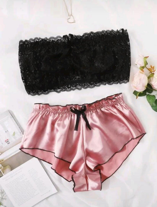 Classic Sexy Floral Lace Bandeau Bra With Satin Shorts, Lingerie