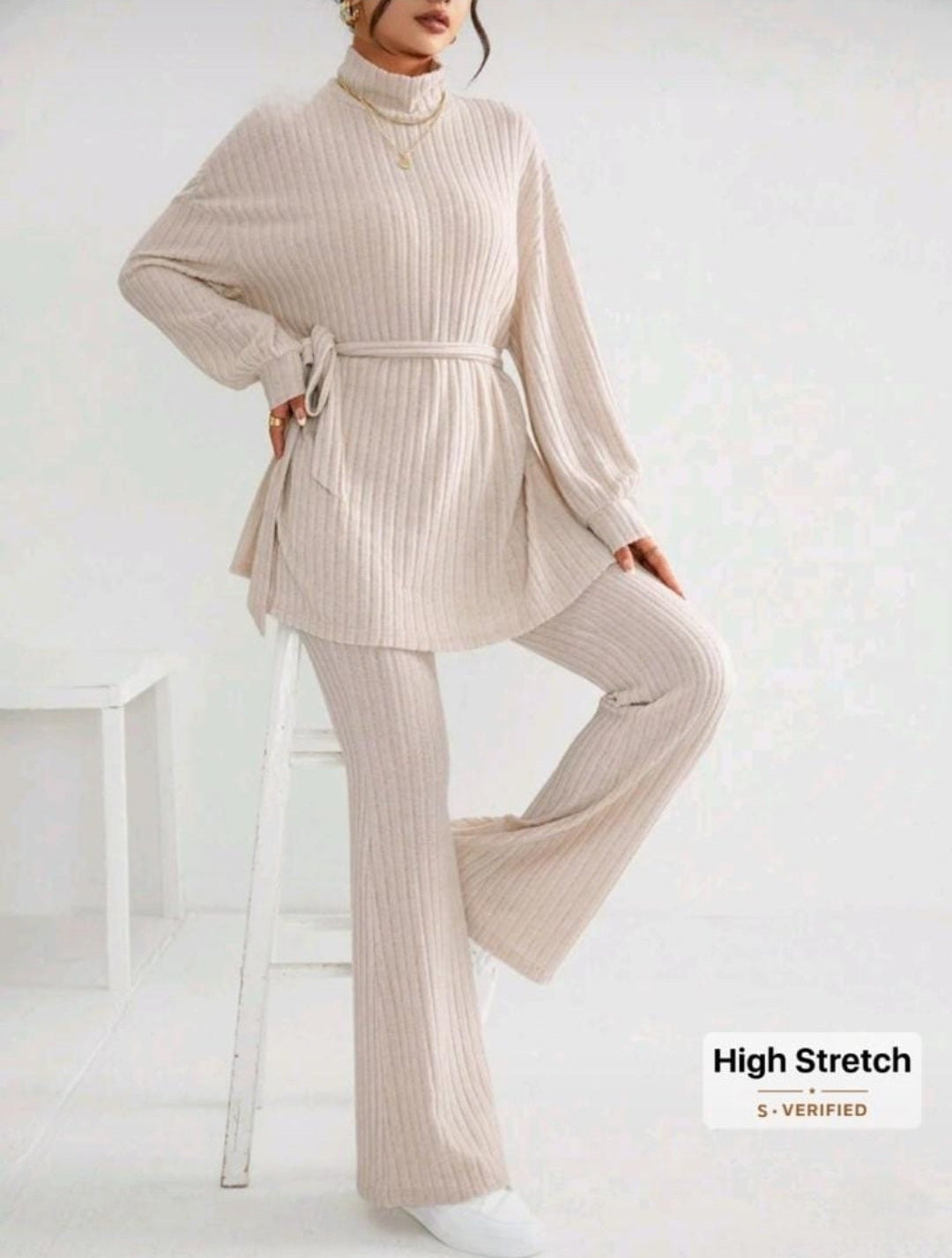 Mock Neck Drop Shoulder Belted Tee & Flare Leg Pants