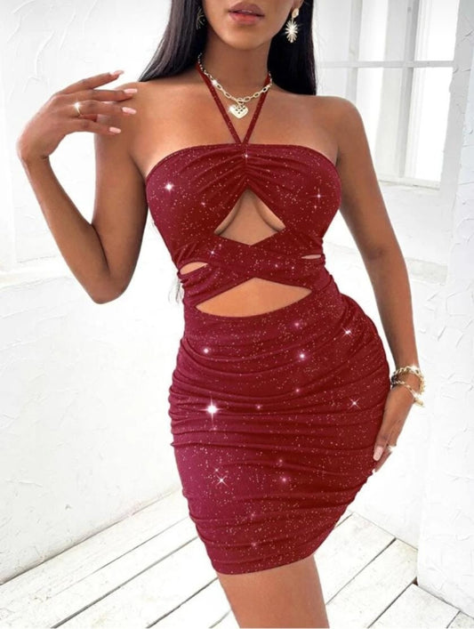 Crisscross Cut Out Tie Backless Ruched Halter Bodycon Dress