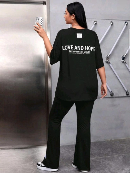 Slogan Graphic Drop
Shoulder Tee & Flare Leg Pants