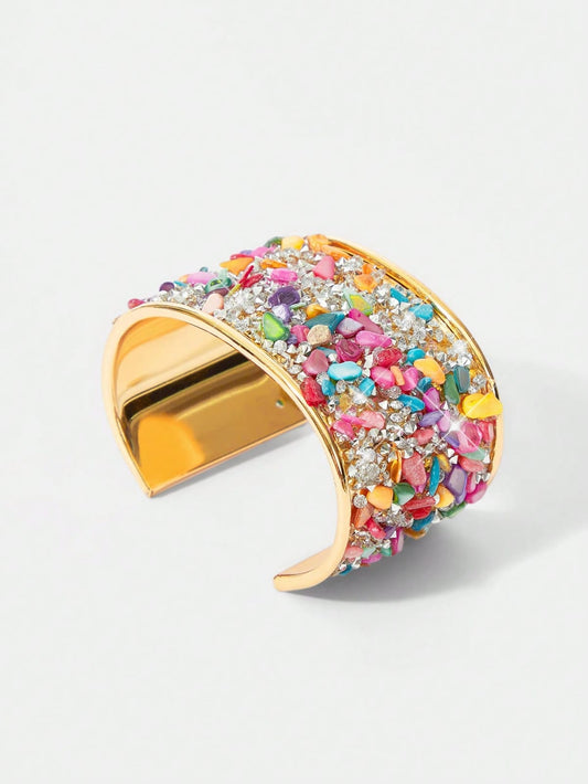 1pc Metal Bangle Bracelet With Embedded Stones And Rhinestones