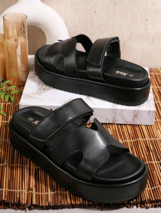 SHUZIA All-Time Bestseller Women's Hook And Loop Strap Luxe-Inspired Cutout Flatform Footbed Casual PU Black Slides