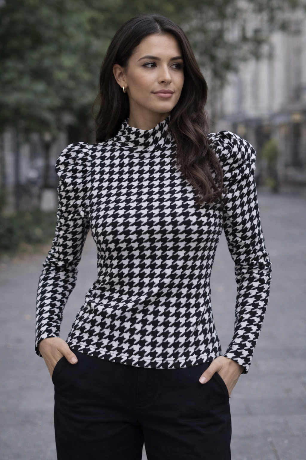 Houndstooth Elegance Mock-Neck Top
