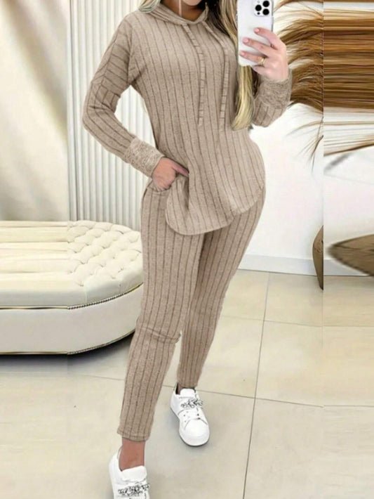Long Sleeve Hooded Top And Slim-Fit Pants With Pockets Casual Suit