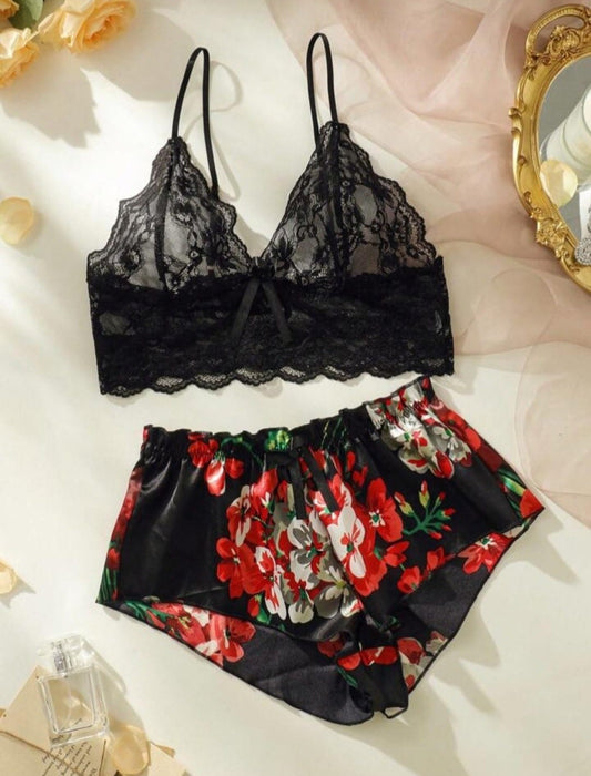 Sexy Lingerie Set Soft Lace Bra Bow Satin Shorts Adjustable Shoulder Straps Bra Sleepwear Two Pieces Set