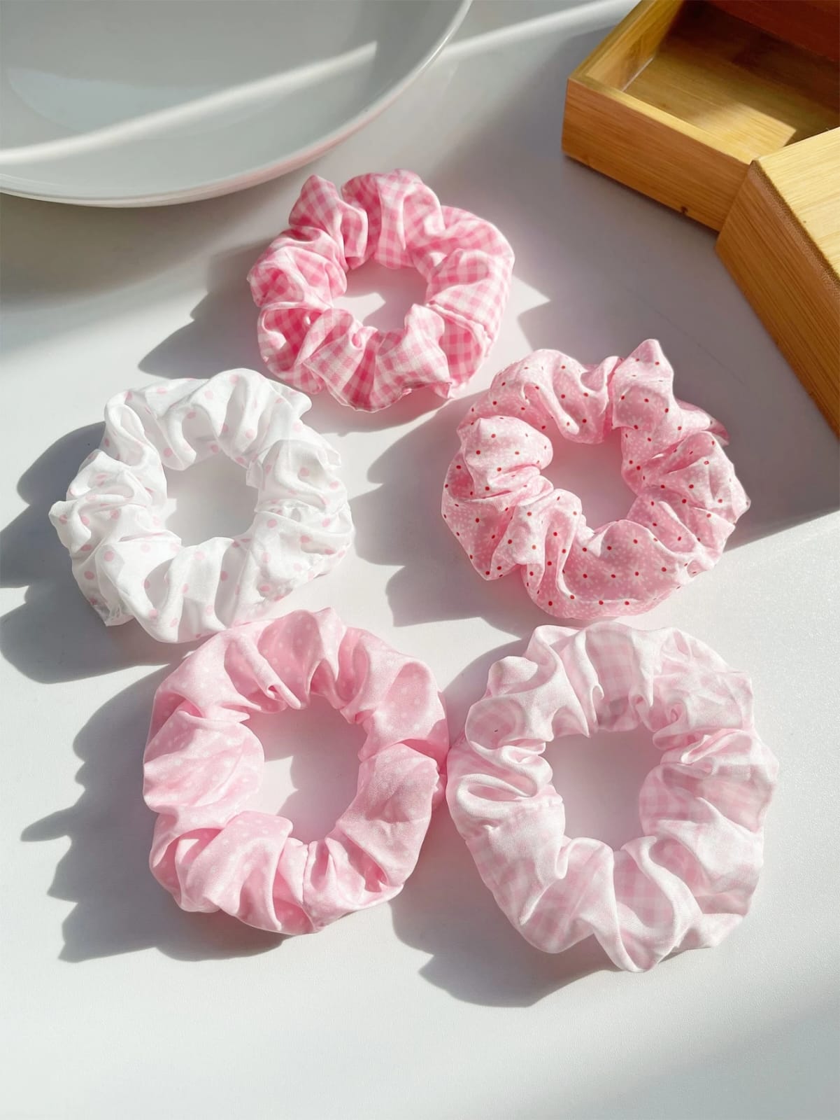 5pcs Women's 9cm/3.54in Polka Dot Plaid Pink Floral Scrunchies