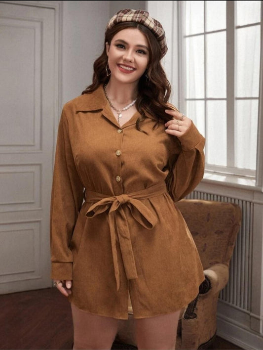Plus Button Front Belted Corduroy Coat