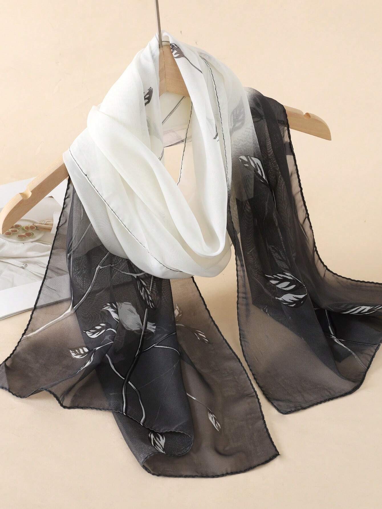 Monochrome Leaf Chiffon Scarf