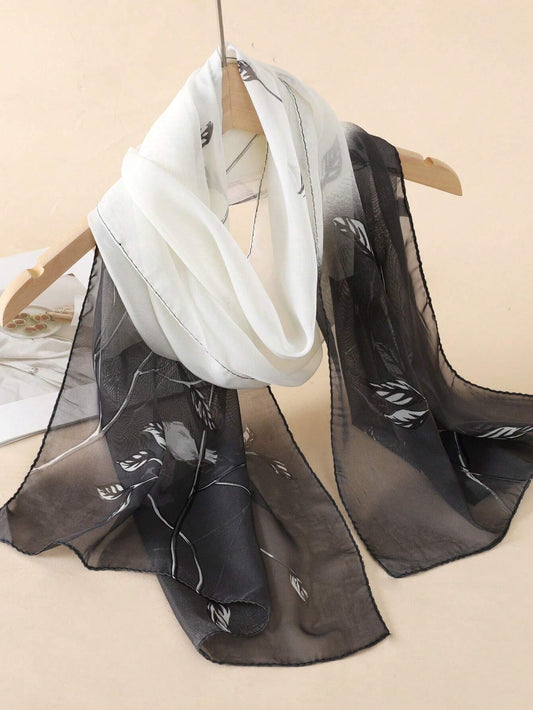 Monochrome Leaf Chiffon Scarf