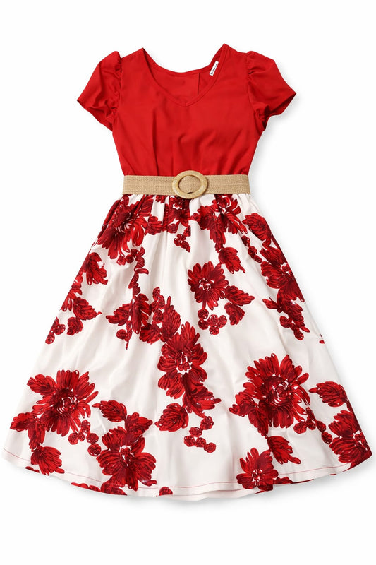 Tween Girl Floral Print Ruffle Trim Dress With Belt