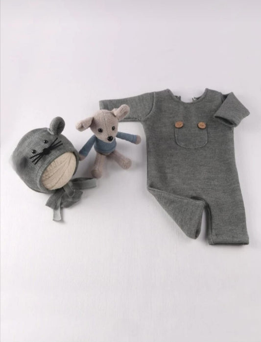 Newborn Boy Photography Fake Button Jumpsuit With Toy & Hat